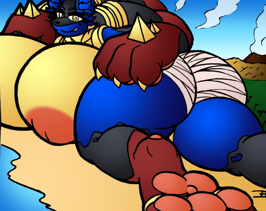 anthro beach big_paws giantess hyper hyper_ass hyper_breasts hyper_paws hyper_thighs laying_down laying_on_stomach lucario macro mega_evolution mega_lucario neoclassical_succubus paws pokemon pokemon_(species) seaside