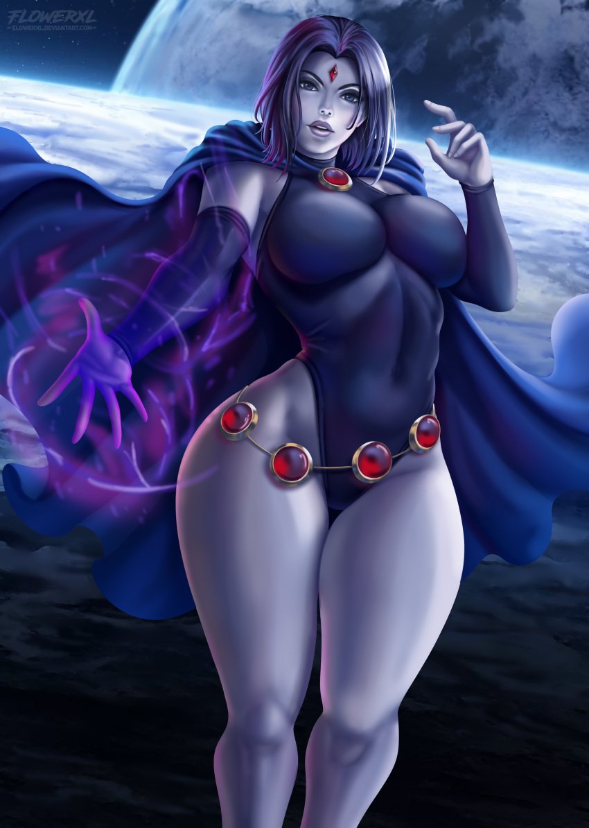 1girls armgloves artist_signature blue_cape blue_eyes blue_leotard breasts cape cleavage dc dc_comics deviantart_username earth elbow_gloves feet female female_only flowerxl front_view grey-skinned_female grey_skin hourglass_figure jewelry koriand'r large_breasts leotard looking_at_viewer object_request only_female pinup purple_hair purple_mouth rachel_roth raven_(dc) short_hair solo solo_female space_background straight straight_hair teen_titans thick_thighs tight_clothing wide_hips