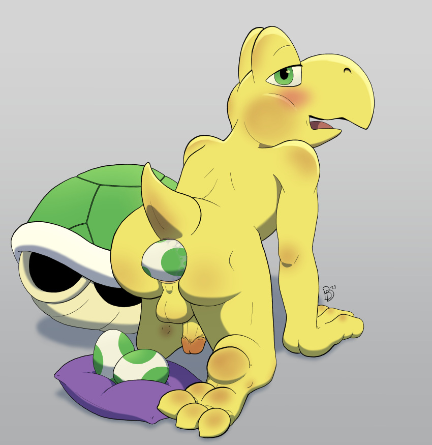 1boy absurd_res all_fours anthro balls ballsack birbdrain blush digital_drawing_(artwork) digital_media_(artwork) egg egg_laying feet foreskin foreskin_folds genitals green_eyes green_koopa_troopa grey_background hi_res hindpaw intact kneeling koopa koopa_shell koopa_troopa looking_at_viewer male male_egg_laying male_only mario_(series) nintendo open_mouth paws penis perineum pillow rear_view retracted_foreskin scalie scrotum semi-erect shell simple_background smooth_penis solo testicles toony turtle_shell uncut yellow_skin