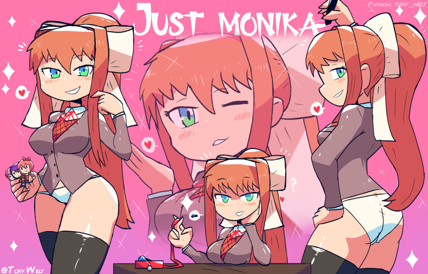 1girls alternate_version_available artist_name big_breasts blush breasts breasts_on_table brown_hair clothed collar desk doki_doki_literature_club female female_only femdom green_eyes heart holding_leash leash long_hair looking_at_viewer looking_back monika_(doki_doki_literature_club) panties school_uniform solo solo_female stockings table teacher thighhighs tony_welt white_ribbon writing_utensil