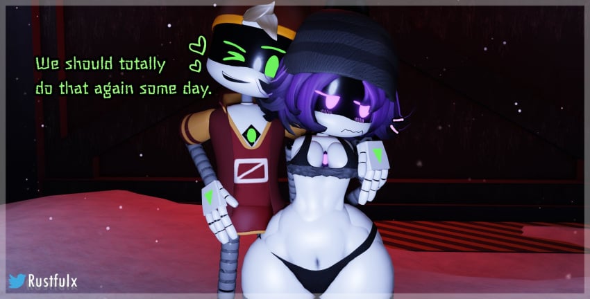 1boy 1boy1girl 1girls 2023 3d after_sex beanie beanie_hat bikini blush bubble_ass duo female femsub glitch_productions gloves maledom mob_face murder_drones panties purple_eyes purple_hair robot robot_boy robot_girl robot_humanoid robot_joints robotic_arm robotic_limb rustfuix small_breasts tagme thad_(murder_drones) thick_thighs thong thunder_thighs tongue tongue_out twitter_username uzi_(murder_drones) wide_hips winking_at_viewer worker_drone