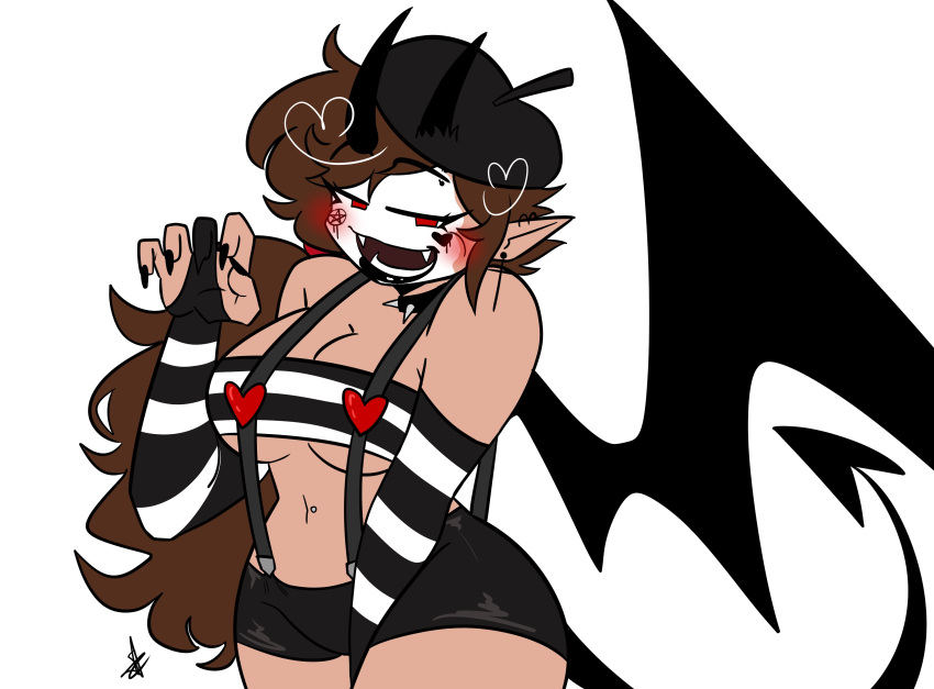 belly_piercing big_breasts black_nails blush breasts brown_hair choker cross_earrings demon_girl demon_wings female heart hips long_hair looking_at_viewer mime mime_girl mime_hat red_eyes shanice_(shawncookie) shawncookie straps suggestive_gesture thick_thighs