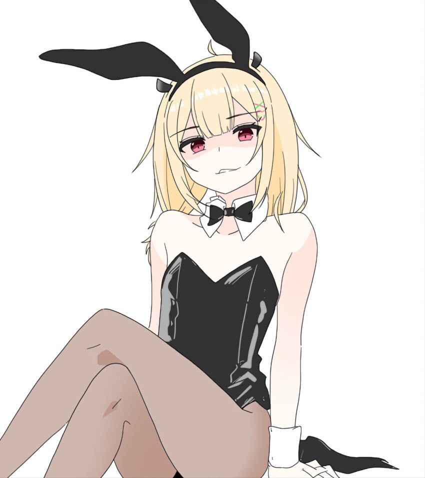 1girls blonde_hair bunnysuit clothed clothing eblis_choki eyebrows_visible_through_hair fake_animal_ears fake_rabbit_ears female female_only gimmins7457844 hair_ornament light-skinned_female light_skin looking_at_viewer red_eyes sadistic_smile small_breasts smile solo virtual_youtuber vrecord