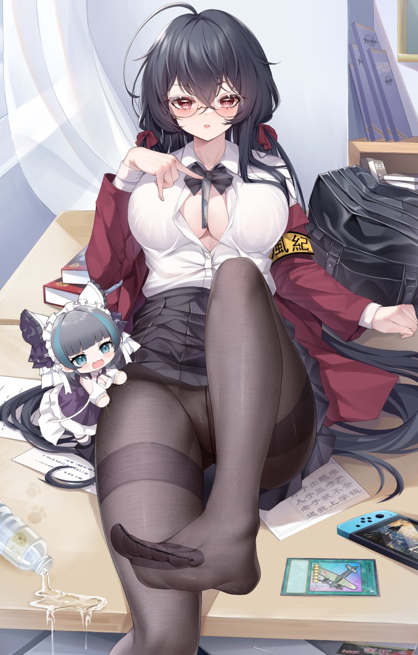 2girls :o absurdres ahoge armband azur_lane between_breasts black_bag black_bow black_bowtie black_hair black_skirt book bottle bow bowtie breasts breath_of_the_wild cheshire_(azur_lane) chibi cleavage collared_shirt commentary_request crossed_bangs curtains desk dress_shirt feet female female_only fine_fabric_emphasis foot_focus foot_out_of_frame glasses hair_between_eyes handheld_game_console highres huge_ahoge indoors jacket kanon_(sinto) kanon_12361024 large_breasts leaning_back leg_up long_hair long_sleeves multiple_girls nintendo_switch no_bra no_panties no_shoes official_alternate_costume on_desk open_clothes open_jacket pantyhose paper partially_unbuttoned pleated_skirt presenting_foot red_eyes red_jacket round_eyewear school_uniform see-through see-through_legwear shirt sitting skirt spill taihou_(azur_lane) taihou_(sweet_time_after_school)_(azur_lane) the_legend_of_zelda the_legend_of_zelda:_breath_of_the_wild thighband_pantyhose toes trading_card water white_shirt yellow_armband yu-gi-oh!