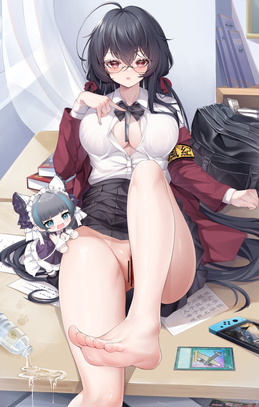 2girls :o absurdres ahoge armband azur_lane barefoot between_breasts black_bag black_bow black_bowtie black_hair black_skirt book bottle bow bowtie breasts cheshire_(azur_lane) chibi cleavage collared_shirt commentary_request crossed_bangs curtains desk dress_shirt feet female female_only fine_fabric_emphasis foot_focus foot_out_of_frame glasses hair_between_eyes handheld_game_console highres huge_ahoge indoors jacket kanon_(sinto) kanon_12361024 large_breasts leaning_back leg_up long_hair long_sleeves multiple_girls nintendo_switch no_bra no_legwear no_panties no_shoes official_alternate_costume on_desk open_clothes open_jacket paper partially_unbuttoned pleated_skirt presenting_foot red_eyes red_jacket round_eyewear school_uniform shirt sitting skirt spill taihou_(azur_lane) taihou_(sweet_time_after_school)_(azur_lane)