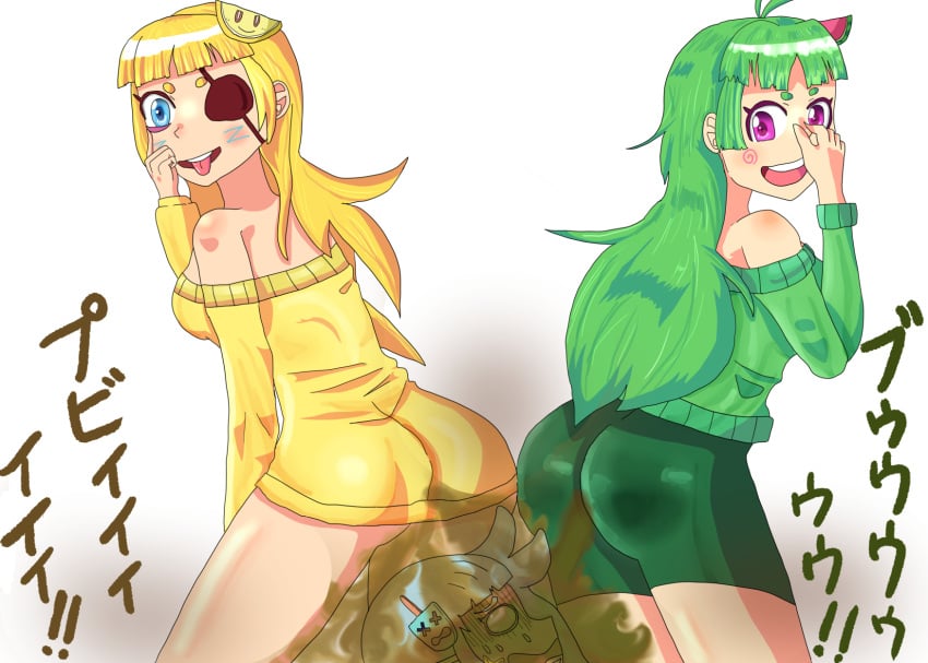 3girls eye_patch fart female female_only fruit green_hair holding_nose multiple_girls sea_salt vannalemon vannamelon virtual_youtuber yellow_hair