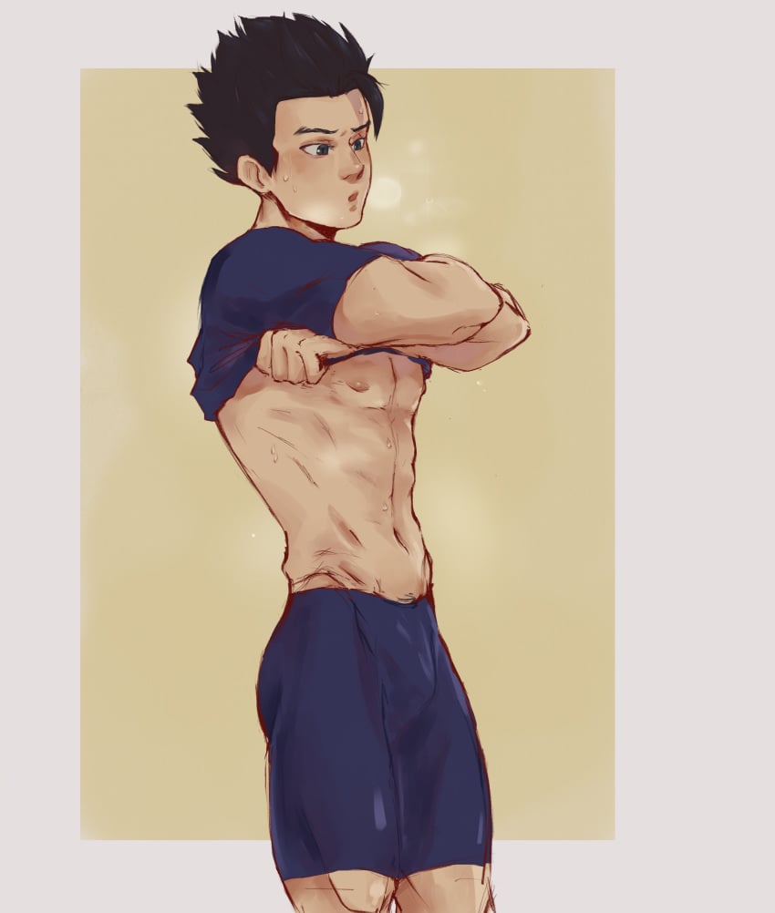 abs black_hair buldge bulge cabba dragon_ball dragon_ball_super flaccid male male_focus male_only nipples pecks pectorals removing_clothing removing_shirt saiyan shorts softcore solo solo_focus solo_male steam sweat taking_clothes_off taking_off_shirt underwear yaoi