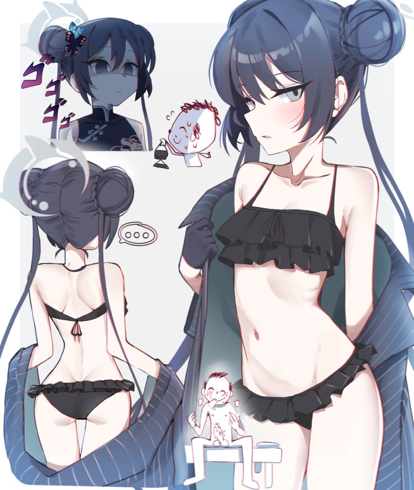 ... 1boy alternate_costume artist_request ass back bare_shoulders bikini black_bikini black_coat black_gloves black_hair blue_archive blush breasts butterfly_hair_ornament coat collarbone cosplay doodle_sensei_(blue_archive) double_bun empty_eyes erection expressionless female frilled_bikini frills gen_(unzzenasd) genryumon_(blue_archive) gloves grey_eyes hair_bun hair_ornament half_gloves halo highres kisaki_(blue_archive) long_hair looking_at_viewer menacing_(jojo) multiple_views navel open_clothes open_coat parted_lips penis sensei_(blue_archive) shaded_face shanhaijing_secondary_school_student small_breasts spoken_ellipsis stomach straight swimsuit vertical-striped_coat very_long_hair young