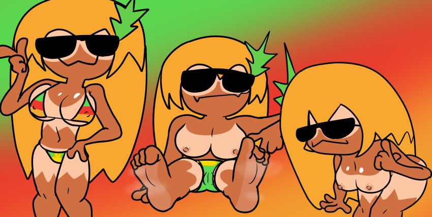 colorful_background foot_fetish foot_focus multicolored_swimsuit nipples nipples_visible_through_clothing nsfwgamer orange_hair pineapple_toppin pizza_tower pussy_through_clothing smug_smile steamy_feet sunglasses tanline toppin_gals toppin_gals_minus8