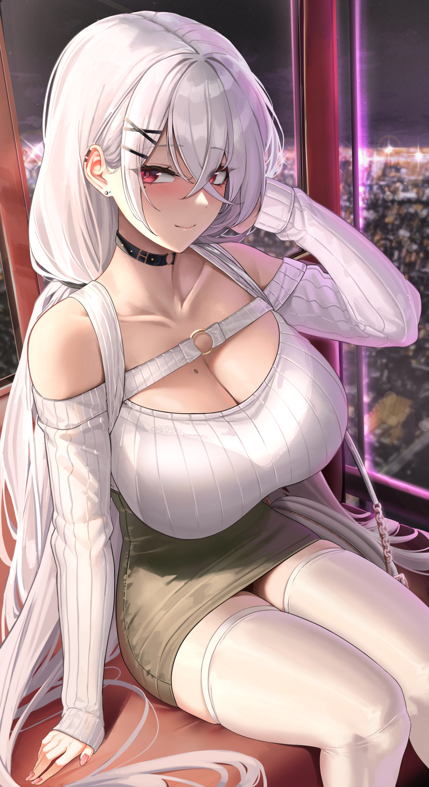 1girls bannou_ippoutsukou bra bra_visible_through_clothes city city_background city_view cityscape collarbone large_breasts light-skinned_female light_skin looking_at_viewer mole_on_breast night nighttime original red_eyes shoulder shoulder_exposed sitting skirt smile sweater thighhighs thighs unique_sweater white_hair white_sweater white_thighhighs window