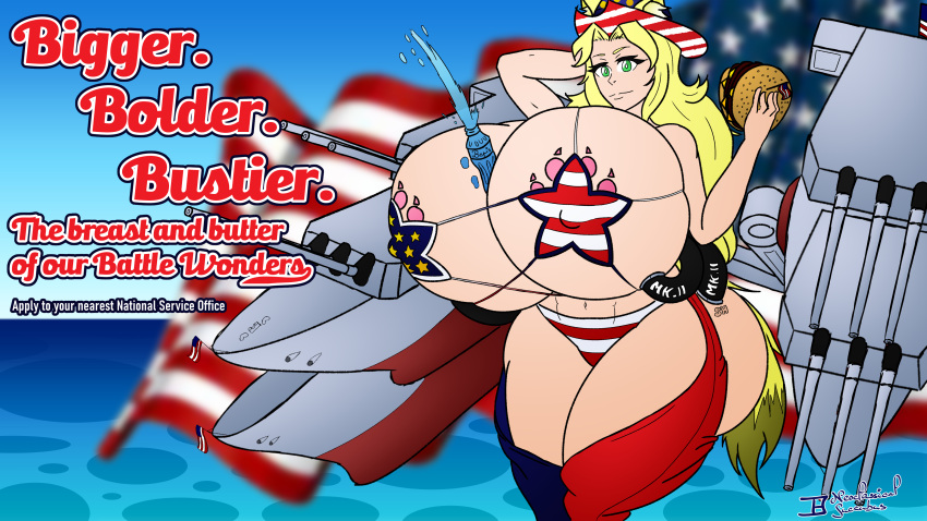 american_flag_bikini animal_ears armpits battle_wonder_unit battle_wonders bikini blonde_hair blue_eyes burger coyote_ears coyote_girl female hamburger huge_thighs hyper_ass hyper_breasts neoclassical_succubus pinup propaganda propaganda_poster rig_(battle_wonders) soda tagme thick_thighs