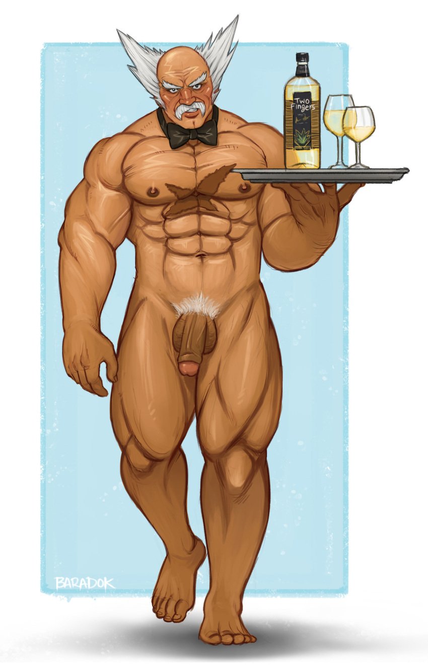 1boy abs bald bara black_bow black_bowtie blush bottle bow bowtie butler completely_nude cup drinking_glass facial_hair flaccid full_body growlygruntz heihachi_mishima highres large_pectorals male_focus male_pubic_hair mishima_heihachi moustache muscular muscular_male naked_bowtie nipples nude old old_man pectorals penis pubic_hair scar scar_on_chest servant short_hair sideburns smile solo solo_male stomach tekken tekken_5 thick_eyebrows thick_thighs thighs veins veiny_penis walking wine_bottle wine_glass