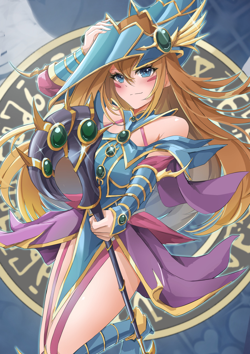 1girls breasts duel_monster female green_eyes long_hair magic_wand magician's_valkyria magician_hat orange_hair yu-gi-oh!