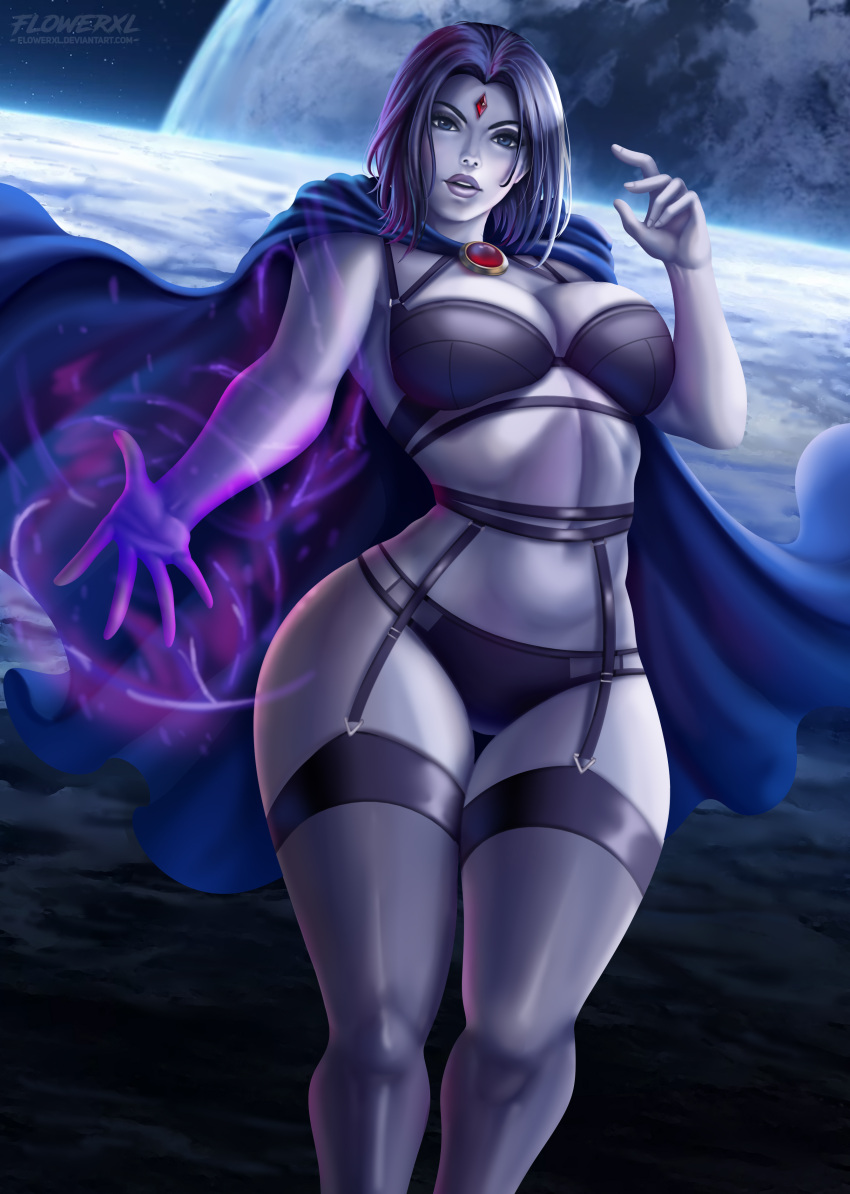 1girls artist_signature blue_cape blue_eyes bra breasts cape cleavage dc dc_comics deviantart_username earth feet female female_only flowerxl front_view garter_belt grey-skinned_female grey_skin hourglass_figure jewelry koriand'r large_breasts lingerie looking_at_viewer object_request only_female panties pinup purple_belt purple_bra purple_hair purple_lingerie purple_mouth purple_panties purple_stockings rachel_roth raven_(dc) short_hair solo solo_female space_background straight straight_hair teen_titans thick_thighs wide_hips