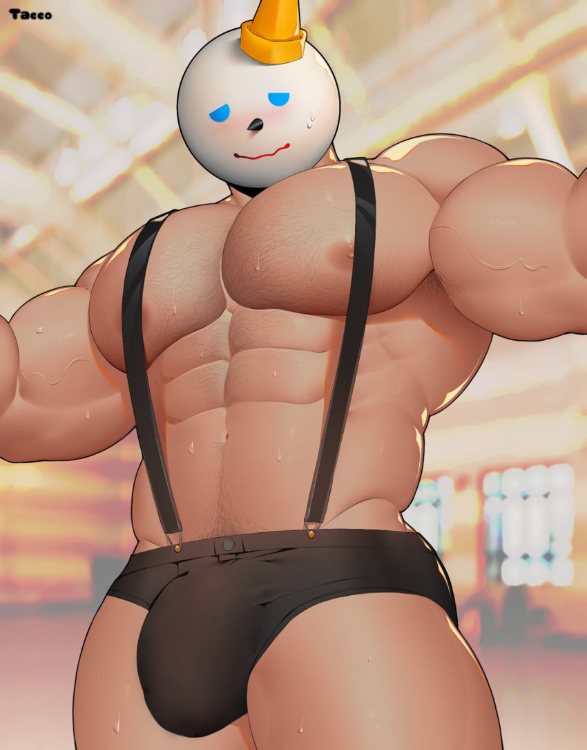 1boy abs armpit_hair bara biceps big_breasts big_bulge blush blushing bottomwear buff bulge bulge_through_clothing chest_hair color el_tacc0 eye_contact flaccid gay hairy_armpits hairy_male hi_res highres jack_box jack_in_the_box larger_male looking_at_viewer male male_focus male_only mascot muscular muscular_male overall_shorts pecs pectorals pov pov_eye_contact pubic_hair punes shorts solo solo_focus solo_male straps sweat sweating tacco viewed_from_below