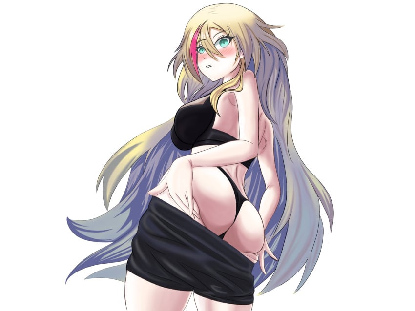 1girls black_bra black_panties blonde_hair blush bra female female_only light-skinned_female light_skin meliodas8656129 nose_blush panties phase_connect phase_origins rinkou_ashelia simple_background solo undressing virtual_youtuber white_background