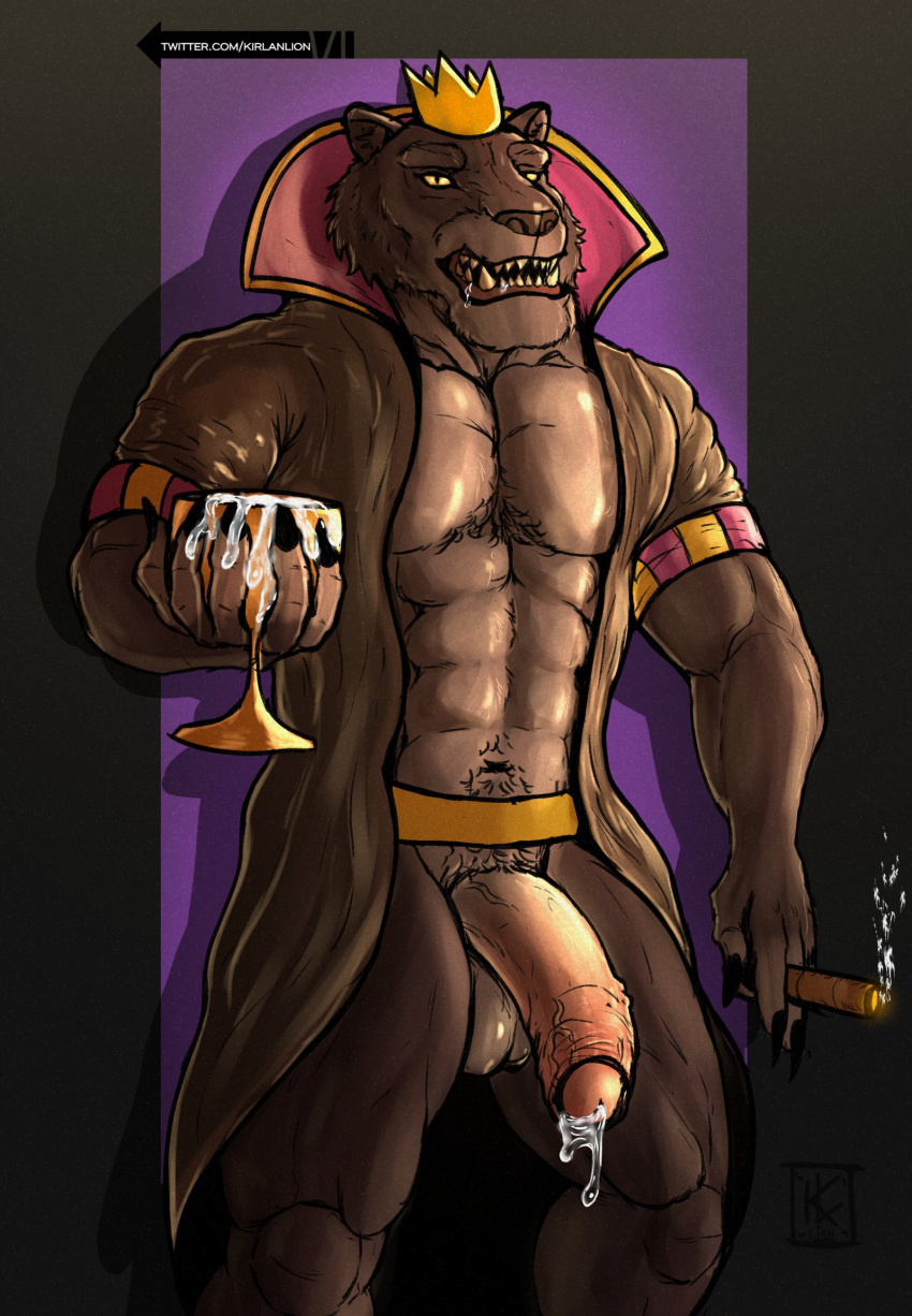 abs anthro balls big_balls big_penis black_body black_fur bodily_fluids body_hair chest_hair cigar clothing conker's_bad_fur_day container crown cum cup felid flaccid fur genital_fluids genitals gold_(metal) headgear hi_res kirlanlion leaking_cum leaking_precum looking_at_viewer male male_only mammal muscular muscular_anthro muscular_male panther_king pantherine pecs penis precum pubes rareware robe solo yellow_eyes