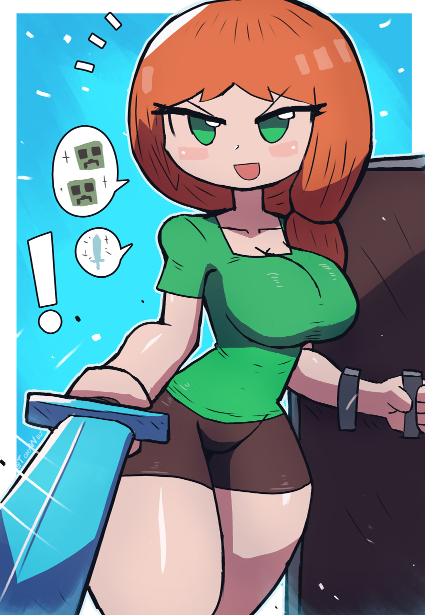 1girls alex_(minecraft) cleavage creeper_(minecraft) eyelashes_visible_through_hair female_focus femdom fighting glistening glistening_body minecraft mob_face mojang shield shirt shorts signature sword text_bubble thighs tony_welt unseen_character