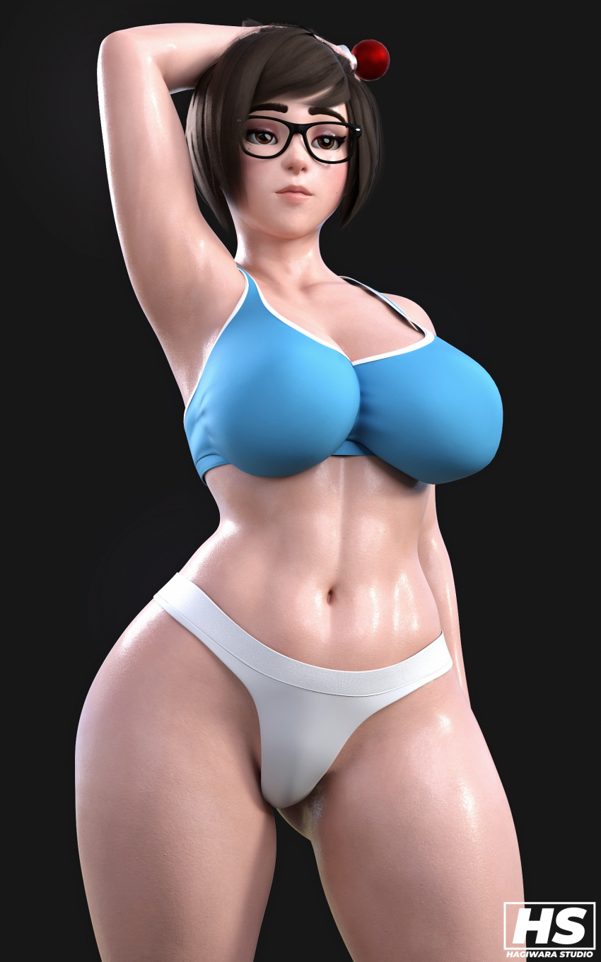 1girls 3d asian asian_female big_breasts blizzard_entertainment brown_hair female female_focus female_only glasses hagiwara_studio hair_bun hair_ornament mei_(overwatch) overwatch sports_bra tagme