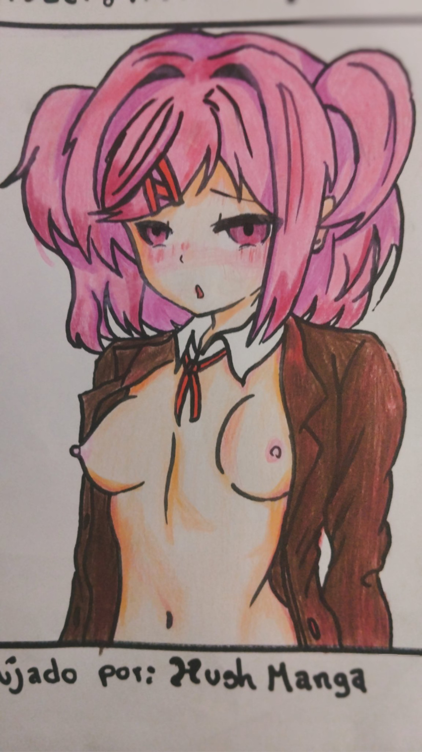 1girls artist_name blush blush_lines breasts doki_doki_literature_club female female_only functionally_nude functionally_nude_female hushmanga naked naked_female natsuki_(doki_doki_literature_club) nude nude_female open_mouth open_shirt open_uniform partially_clothed pink_eyes pink_hair school_uniform short_hair small_breasts solo solo_female