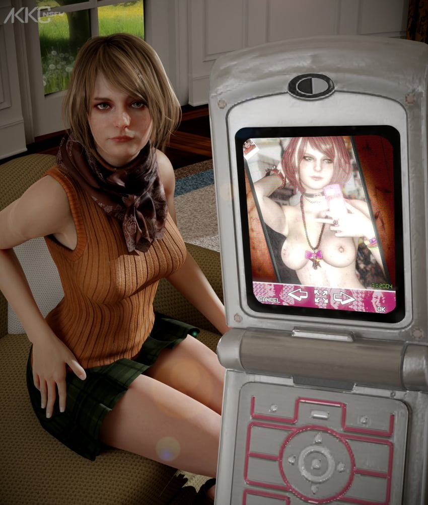 1girls 3d akkonsfw ashley_graham ashley_graham_(ella_freya) barely_clothed blender breasts capcom fully_clothed juxtaposition miniskirt nokia phone phone_screen photo_comparison resident_evil resident_evil_4 resident_evil_4_remake self_upload selfie skirt