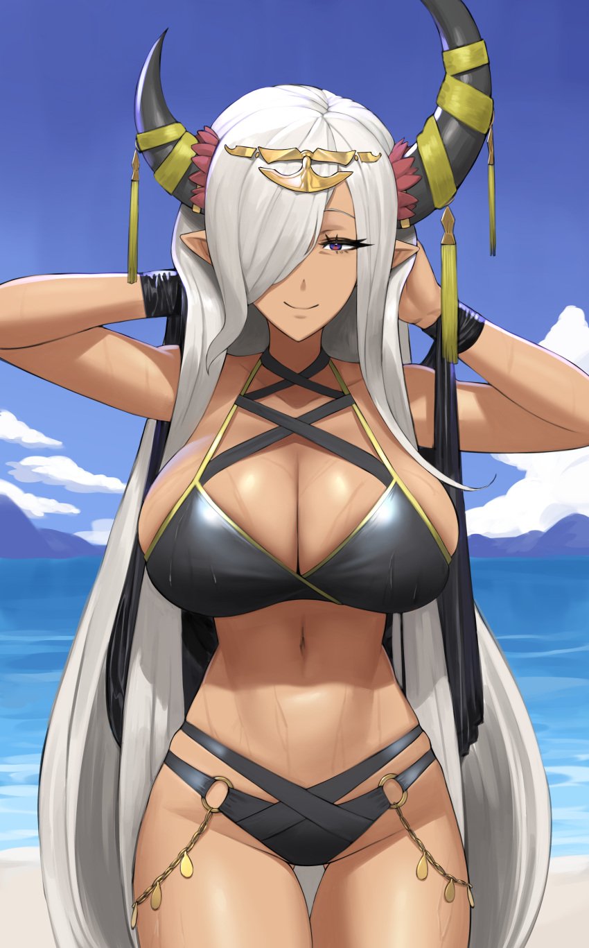 1girls absurdres alternate_costume arms_behind_head arms_up ass_visible_through_thighs asymmetrical_horns bare_shoulders beach bikini black_bikini black_swimsuit blue_sky breasts cleavage cloud cloudy_sky cowboy_shot dark-skinned_female dark_skin dragon_girl female female_only fire_emblem fire_emblem_engage grey_horns hair_ornament hair_over_one_eye highres horns large_breasts long_hair mature mature_female nintendo ocean outdoors pointy_ears purple_eyes ribbon shou_illust sky smile solo swimsuit tan tassel tassel_hair_ornament thigh_gap very_long_hair white_hair zelestia_(fire_emblem)