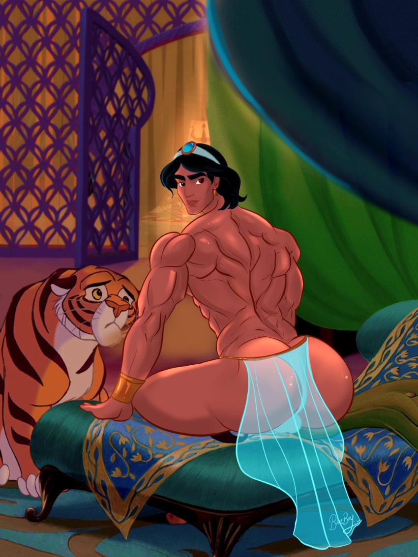 aladdin arab arab_male arabian ass back_muscles big_ass big_butt blueboybara butt dark-skinned_male dark_skin disney disney_prince disney_princess genderbend genderswap genderswap_(ftm) huge_ass huge_butt looking_back male male_only melanin middle_eastern middle_eastern_male muscles muscular muscular_male on_bed princess_jasmine rajah rule_63 smooth_skin thick_thighs tiger