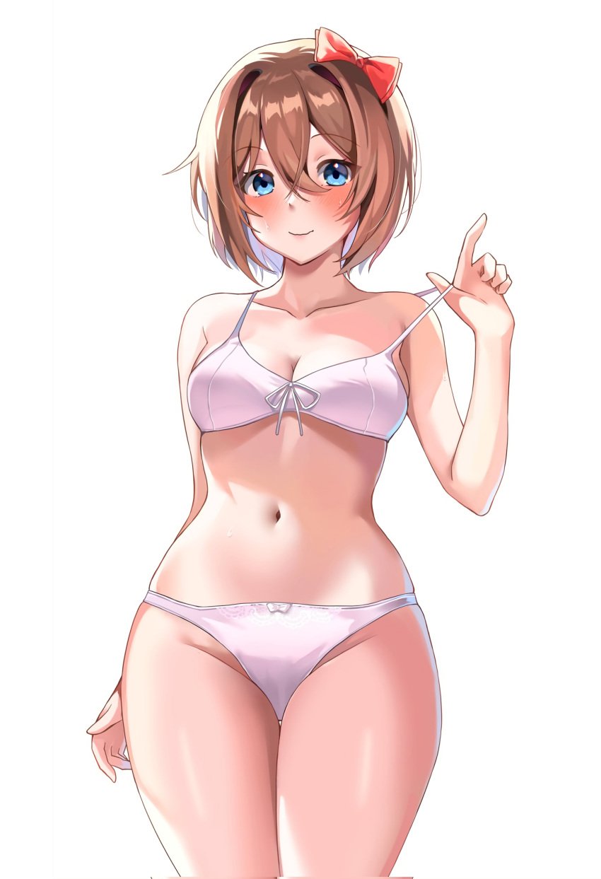 1girls bare_shoulders blue_eyes blush blushing_at_viewer bow bow_panties bra breasts cleavage doki_doki_literature_club female half_naked just_sayori lingerie looking_at_viewer machulanko medium_breasts midriff nervous nervous_smile panties pink_bra pink_lingerie pink_panties pink_underwear sayori_(doki_doki_literature_club) short_hair smiling smiling_at_viewer solo strap_slip strip_game stripping sweat sweatdrop sweating thick_thighs thighs underwear underwear_only white_background