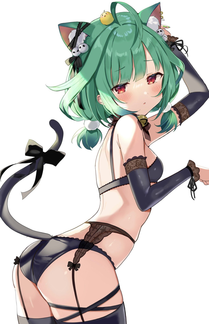 1girls ahoge bangs bell_collar black_legwear blush cat_ears cat_tail garter_belt garter_straps green_eyes hair_ornament hololive hololive_fantasy hololive_japan legwear light-skinned_female light_skin lingerie looking_at_viewer paw_pose red_eyes ribbon satoupote short_hair short_ponytail simple_background thighhighs thighs uruha_rushia virtual_youtuber white_background