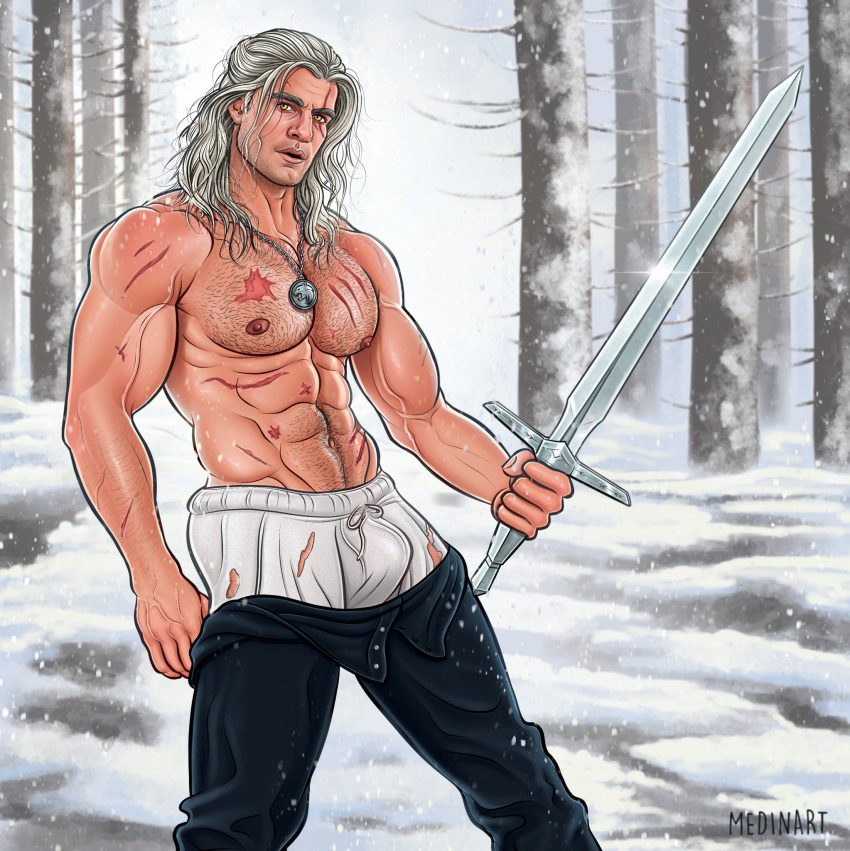 1boy abs biceps big_bulge bulge bulging_biceps caucasian caucasian_male geralt_of_rivia hairy_chest huge_bulge in_character looking_at_viewer male male_only medinart_(david_medina) muscles muscular muscular_male outdoors outside pants_down pecs scars shirtless_male snow snowing solo solo_male sword the_witcher_(netflix) the_witcher_(series)