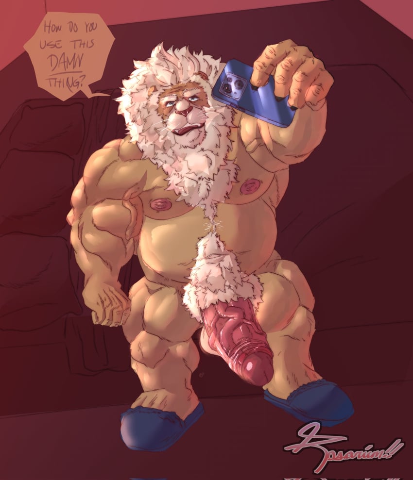 anthro balls bara barazoku big_penis boner clay_calloway_(sing) erection felid feline furry lion male male_only mane musclegut muscles muscular nude penis phone rosarium sing_(movie) sing_2_(movie) solo solo_male speech_bubble white_hair