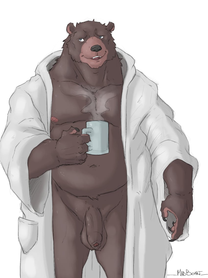 2023 anthro balls bathrobe bathrobe_only bear belly clothing coffee_mug flaccid foreskin genitals hi_res holding_coffee_mug madboart male male_focus male_only mammal manly musclegut muscular navel nipples open_bathrobe pecs penis robe simple_background slightly_chubby solo standing steam vein veiny_penis white_background