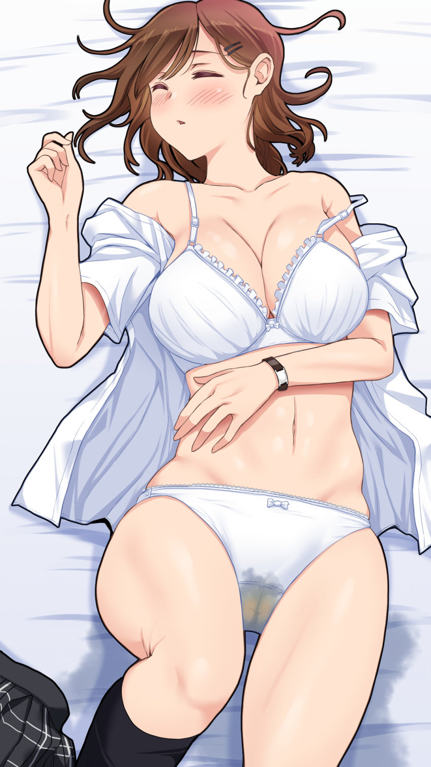 bed bedwetting bra casual_wetting exposed_breasts exposed_panties panties sleeping unaware underwear uniform xpierrot