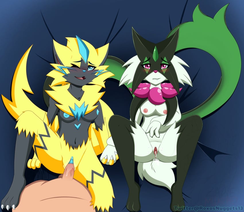 anthro female furry meowscarada penis pokémon_(species) pokemon pokemon_sv roxasnuggets13 zeraora