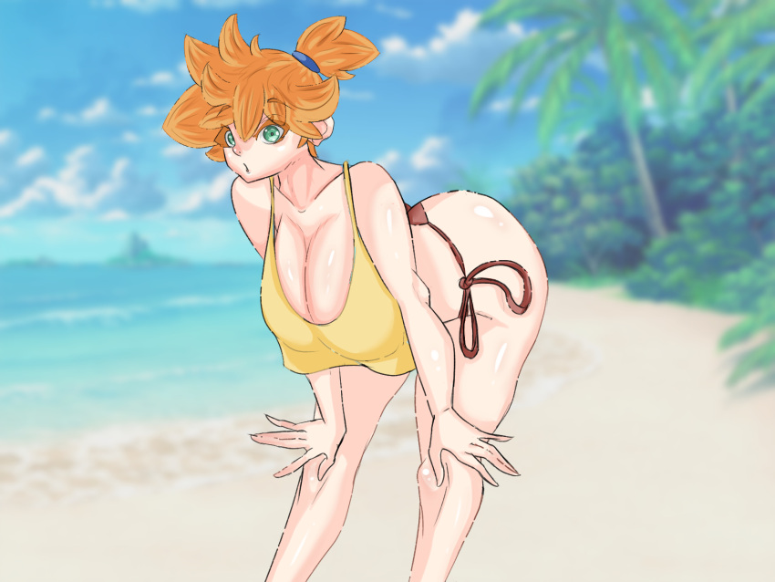 1girls 2023 beach bending_forward bent_over bikini_bottom blue_eyes cleavage cobra_bubbles_(artist) crop_top female female_only game_freak huge_ass huge_breasts looking_at_viewer misty_(pokemon) orange_hair pokemon pokemon_rgby self_upload short_hair short_orange_hair side_ponytail solo thick_thighs