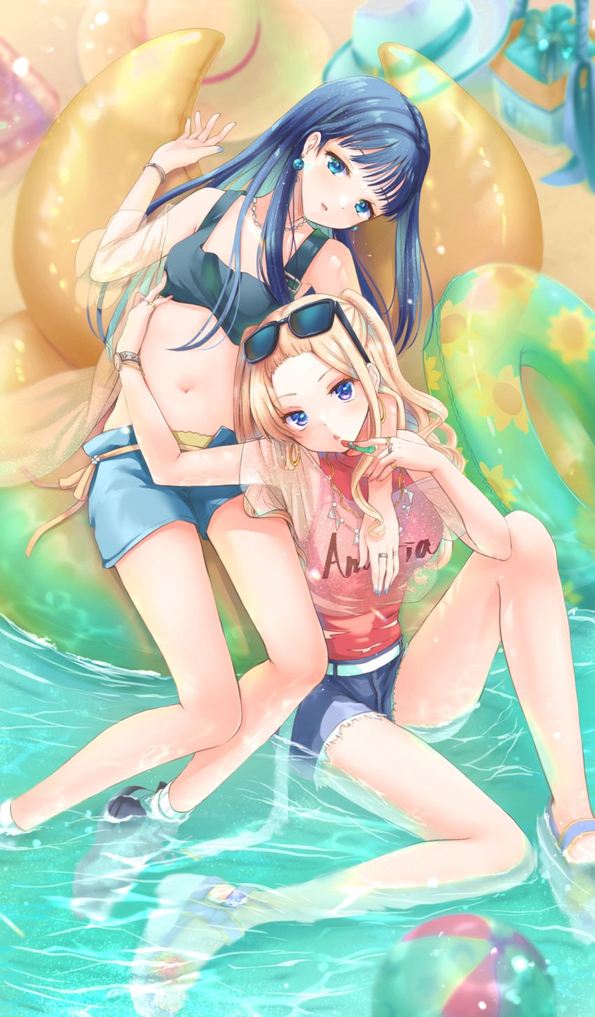 2girls absurd_res absurdres ami_ria arms beach bikini blonde_hair blue_eyes blue_hair curvaceous curvy curvy_body curvy_female curvy_figure feet female female_focus female_only high_resolution highres human human_only kanechitomoyo legs lesbian long_hair magia_record:_mahou_shoujo_madoka_magica_gaiden magical_girl mahou_shoujo_madoka_magica nanami_yachiyo only_female puella_magi_madoka_magica ria_ami sand sea seaside sensual swimsuit toes water white_skin young yuri