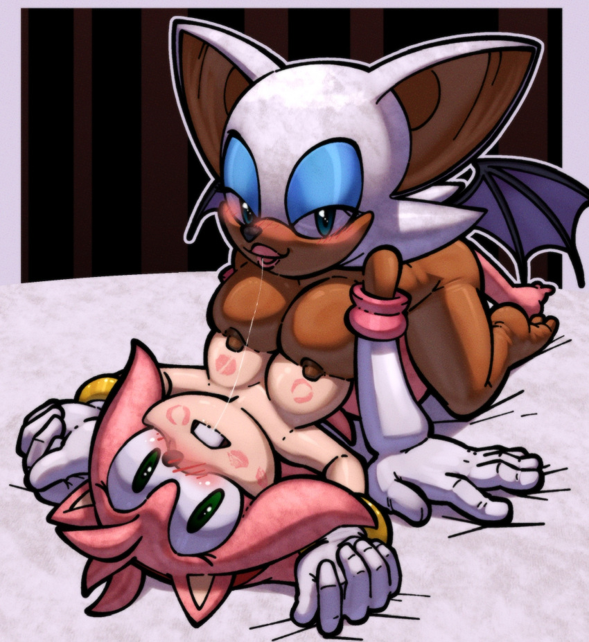 amy_rose anthro_on_anthro blush blush_lines breast_to_breast kiss_mark kissing lipstick_mark lipstick_on_breast looking_at_viewer rouge_the_bat saliva_string sonic_(series) tighesammy yuri