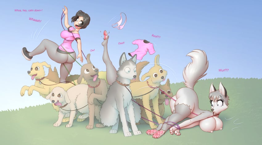 1girls barking bendzz breasts breasts busty canine collar digital_media_(artwork) falling feral grass human_to_feral imminent_bestiality imminent_rape imminent_sex leash multiple_boys nude outside transformation zoophilia