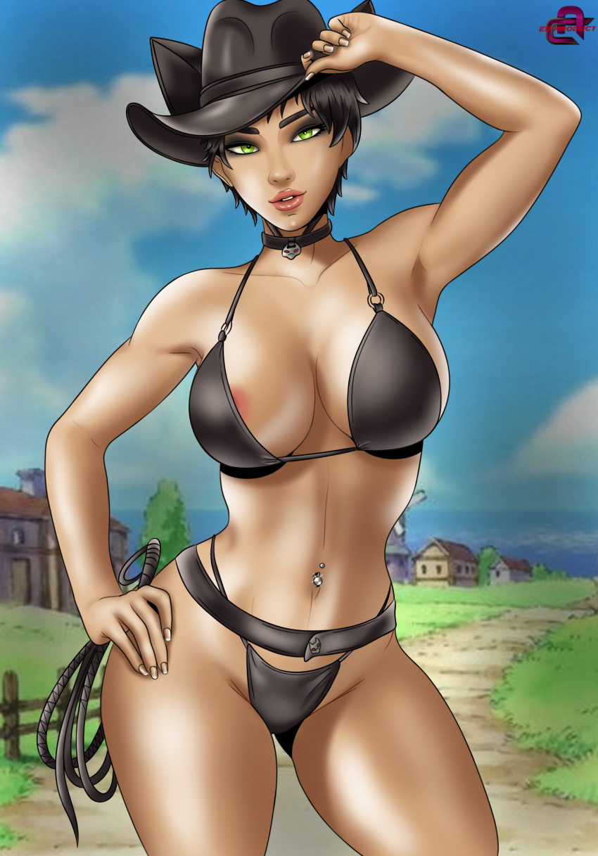 1girls areola_slip batman:_arkham_city batman_(series) big_breasts bikini black_hair cat_ears catwoman cowboy_hat dc dc_comics ed_product female female_only green_eyes holding_whip hourglass_figure lips selina_kyle solo whip