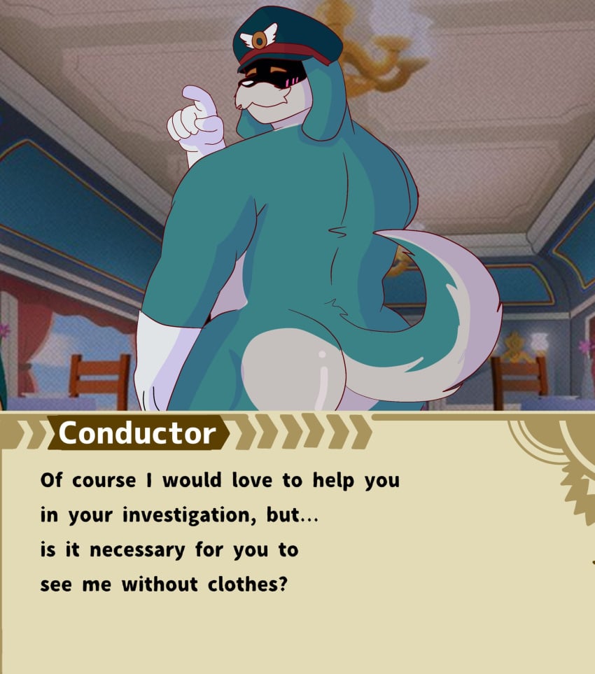 anthro ass blue_body blue_fur blush canid canine canis clothing conductor_(sonic) domestic_dog english_text facial_hair fake_screenshot floppy_ears fur hat headgear headwear hi_res looking_back male mammal mature_male moustache nude rear_view sega shadowed_face slightly_chubby solo sonic_(series) sonic_the_hedgehog_(series) tequila_ari text the_murder_of_sonic_the_hedgehog