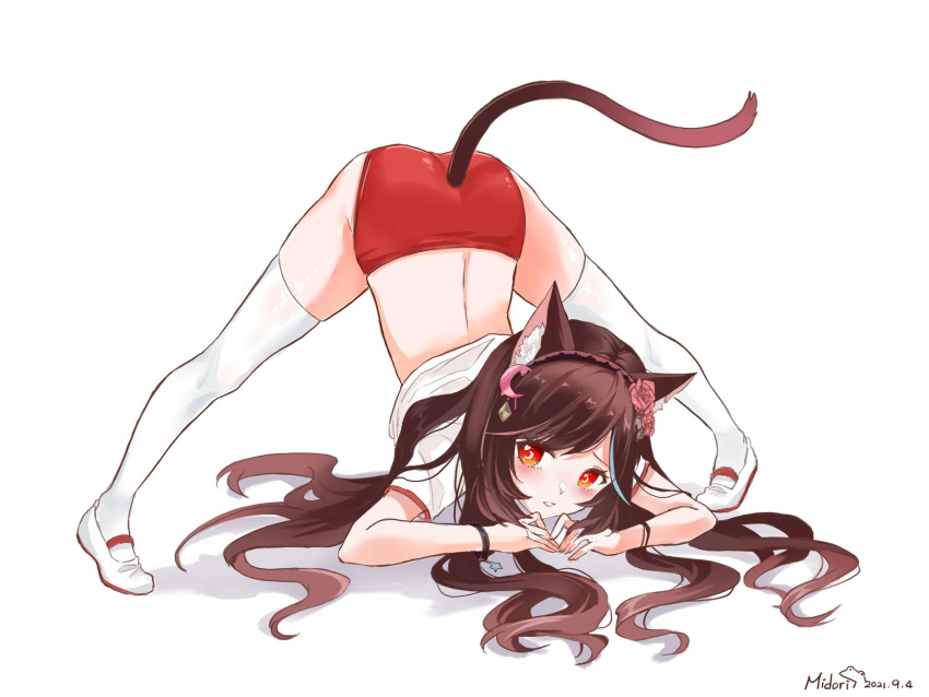 1girls animal_ears blush brown_hair cat_ears cat_tail catgirl clothed clothing embarrassed female female_only gym_uniform hoshinokawa_neo jack-o_pose light-skinned_female light_skin looking_at_viewer midori_fufu mirolive simple_background solo tail virtual_youtuber white_background