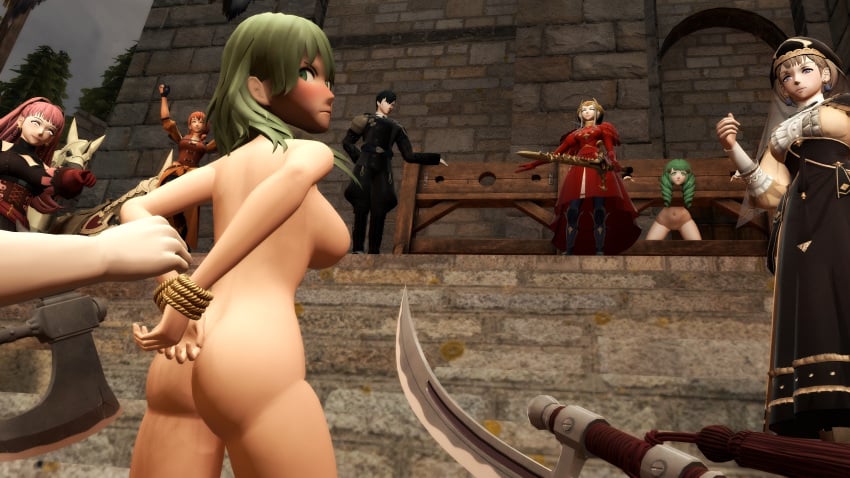 1boy 3d 6+girls 6girls arm_grab arms_behind_back ass axe big_ass black_hair blonde_hair blue_eyes blush bondage bound breasts byleth_(fire_emblem) byleth_(fire_emblem)_(female) completely_nude edelgard_von_hresvelg embarrassed female female_focus femdom femsub fire_emblem fire_emblem:_three_houses flayn_(fire_emblem) green_eyes green_hair hilda_valentine_goneril horns horse hubert_von_vestra humiliation large_breasts laugh leonie_pinelli long_hair looking_back medium_breasts medium_hair mercedes_von_martritz multiple_girls multiple_subs nintendo nude nude_female pillory pink_eyes pink_hair pointing ponytail post-timeskip presenting public public_humiliation public_nudity punishment restrained slave smile socartos sword sword_of_the_creator weapon white_eyes