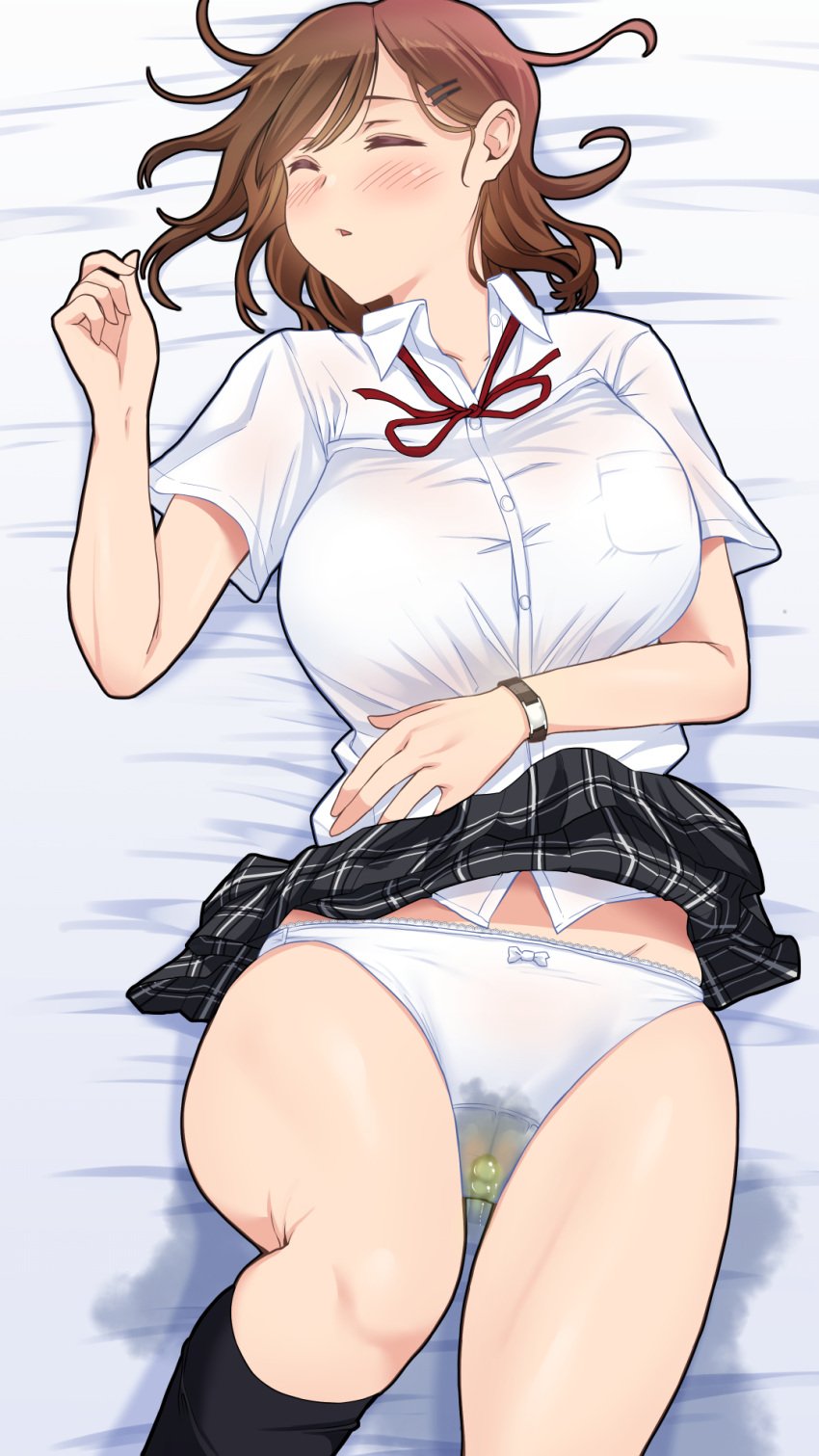 bed bedwetting casual_wetting exposed_panties omorashi panties peeing peeing_self sleeping unaware underwear uniform xpierrot