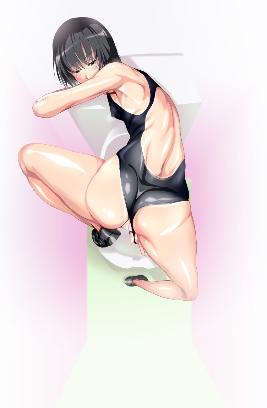 amagami anorexia ass black_eyes black_hair competition_swimsuit erect_nipples from_above highres invitation looking_back nanasaki_ai one-piece_swimsuit pussy shino_(comic_penguin_club) short_hair swimsuit swimsuit_aside toilet uncensored