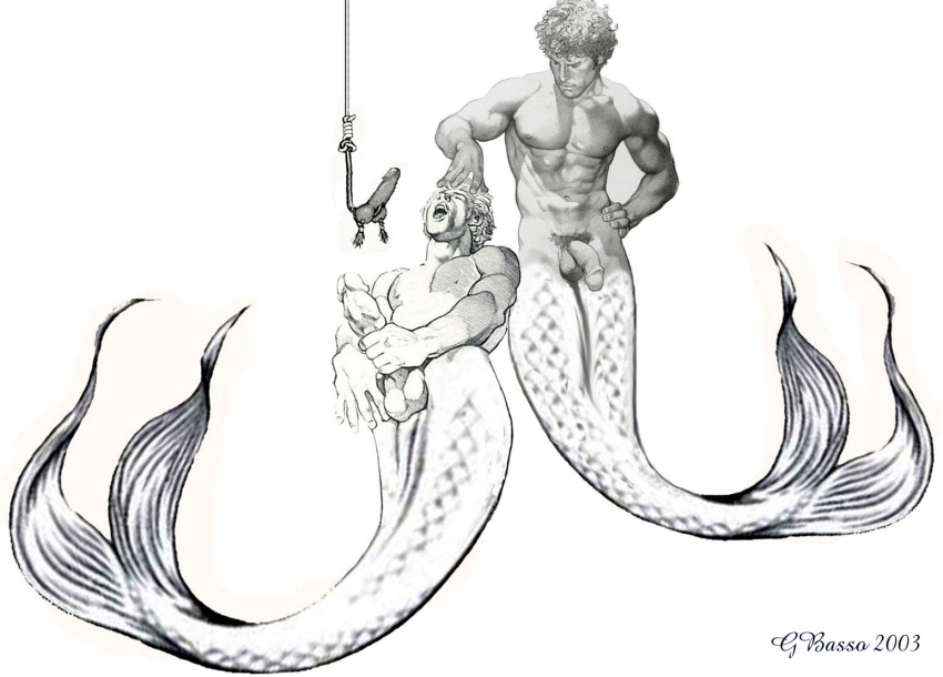 2boys abs bait balls fish_tail fishing_line flaccid gay hand_on_head harry_bush holding_penis male male_only masturbation merfolk merman mouth_open muscular muscular_male orgasm_face pecs penis