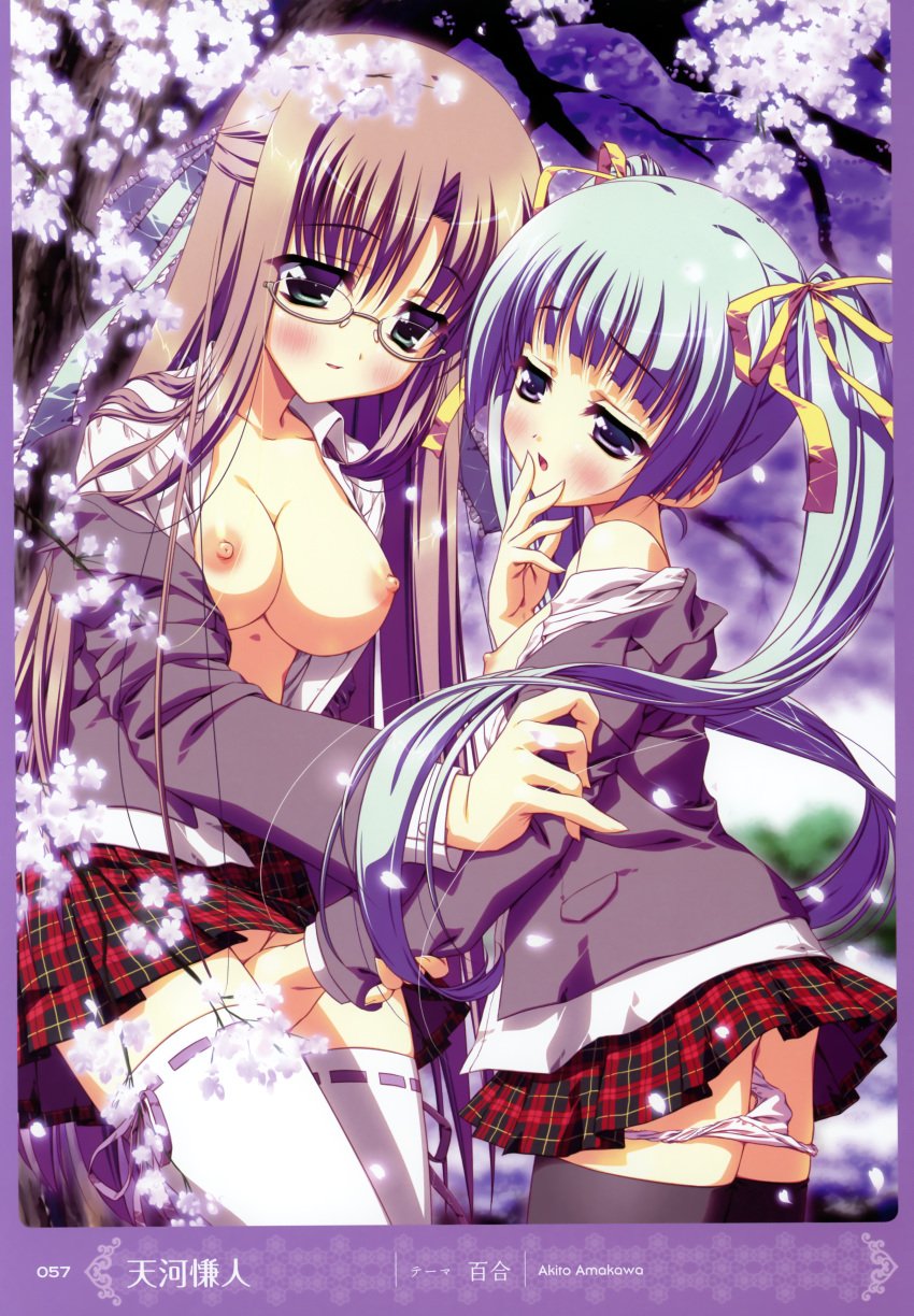 2girls amakawa_akito blue_eyes blue_hair breasts brown_hair female high_resolution long_hair multiple_girls nipples ribbon skirt thighhighs yuri