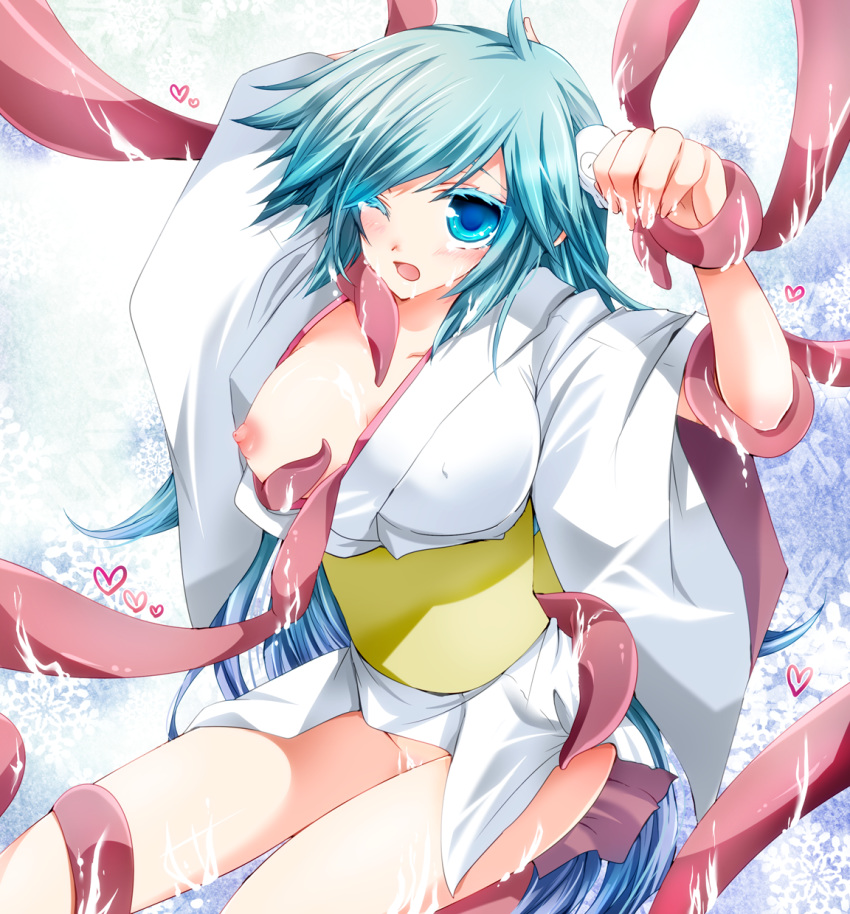 1girls 2010s ambiguous_penetration blush breasts dororon_enma-kun dress female hair_ornament highres japanese_clothes large_breasts long_hair nipples princess skull_hair_ornament solo tear tentacle tentacles_under_clothes wink yuki_onna yukiko_hime