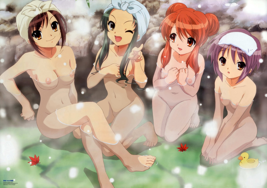 asahina_mikuru bath bathing big_breasts brown_hair completely_nude female female_only green_hair medium_breasts nagato_yuki nipples nude nude_filter onsen photoshop purple_hair red_hair rubber_duck sauna small_breasts snow suzumiya_haruhi suzumiya_haruhi_no_yuutsu suzumiya_haruhi_no_yuuutsu tsuruya undressing