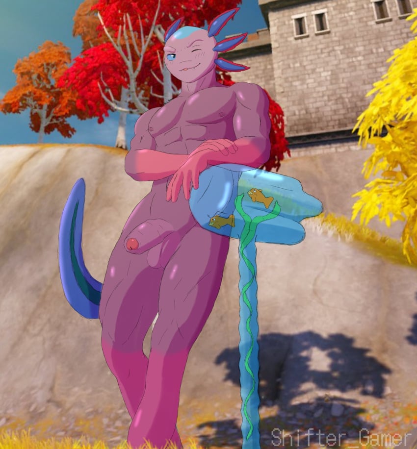 amphibian anthro axo_(fortnite) axolotl balls epic_games fish foreskin fortnite genitals harvesting_tool hi_res looking_at_viewer male marine mole_salamander nipples one_eye_closed outside penis plant salamander_(amphibian) seaweed shifter_gamer smile smiling_at_viewer soft_penis solo tree wink winking_at_viewer