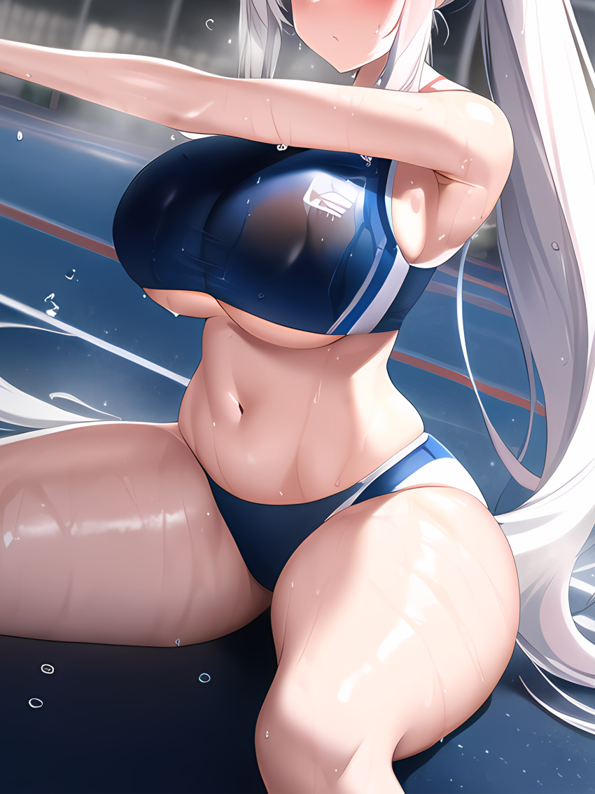 1girls ai_generated azur_lane bloomers breasts eyes_out_of_frame female hi_res huge_breasts kirov_(azur_lane) large_breasts long_hair long_ponytail nai_diffusion ponytail skindentation sports_bra sportswear stable_diffusion sweat sweaty_body thick_thighs thighs white_hair